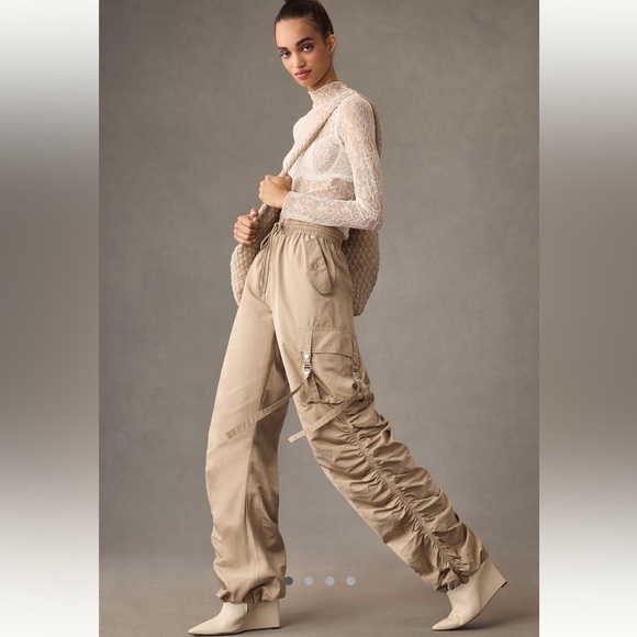 Moon River Pants - Moon River Beige Ruched Cargo Track Pants
